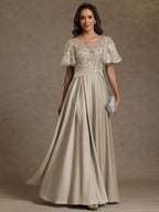 A-Line/Princess V-Neck Illusion Pleated Satin Floor-Length Mother of the Bride Dresses with Sequins (SHI22500150)