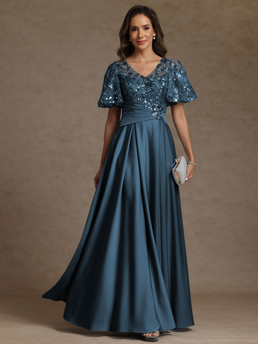 A-Line/Princess V-Neck Illusion Pleated Satin Floor-Length Mother of the Bride Dresses with Sequins (SHI22500150)