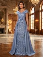 A-Line Chiffon V-Neck Short Sleeve Mother of the Bride Dresses Floor-Length with Sequin Appliques (SHI22500297)