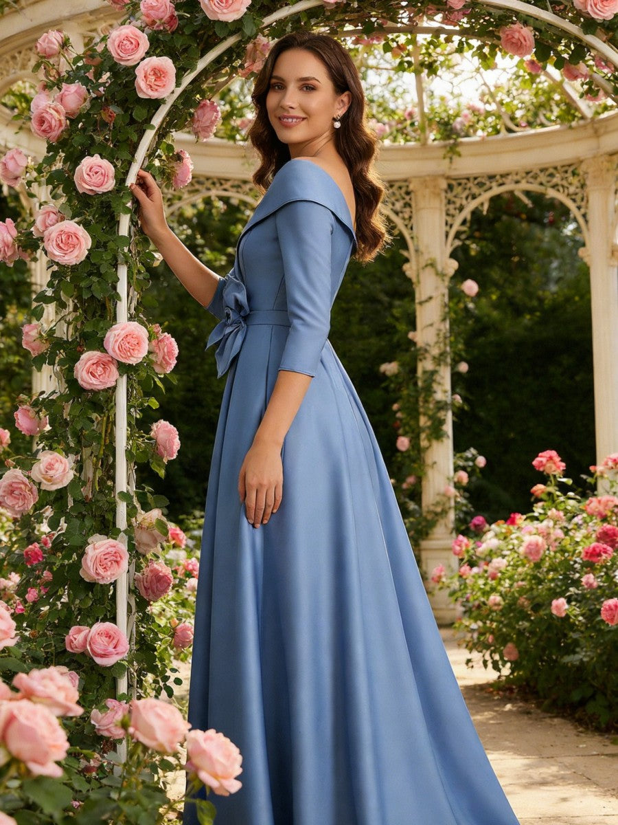 Satin A Line 3/4 Sleeve Floor Length Mother of the Bride Dresses with Flower (SHI22500168)