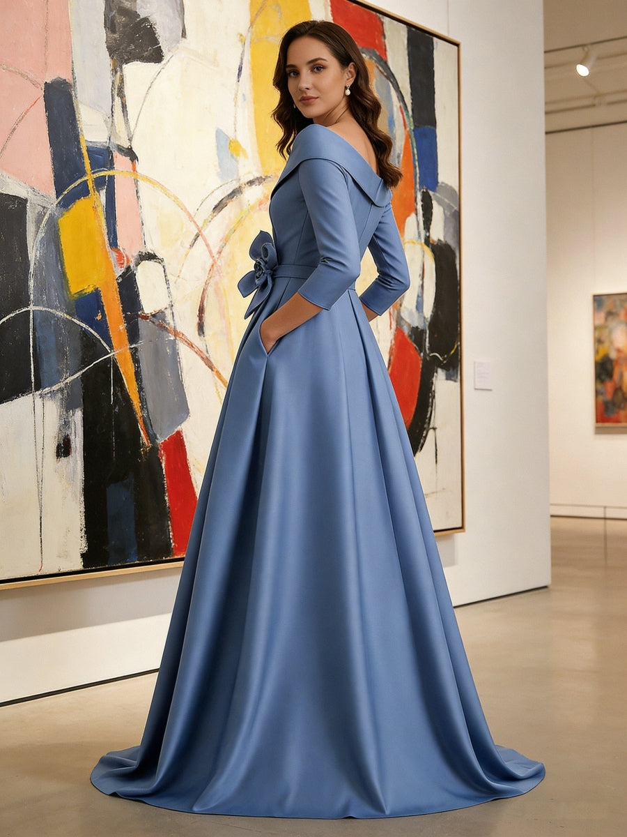 Satin A Line 3/4 Sleeve Floor Length Mother of the Bride Dresses with Flower (SHI22500168)