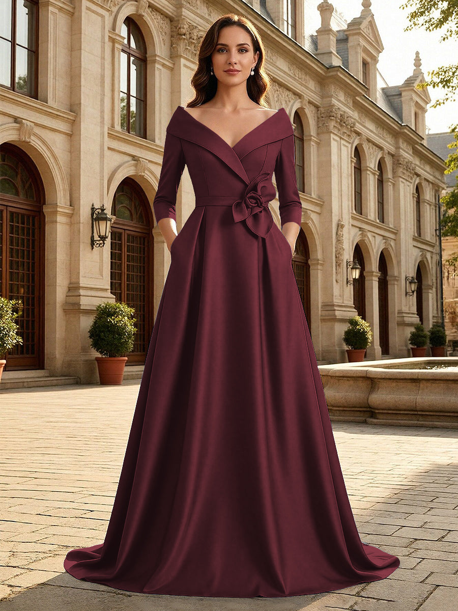 Satin A Line 3/4 Sleeve Floor Length Mother of the Bride Dresses with Flower (SHI22500168)
