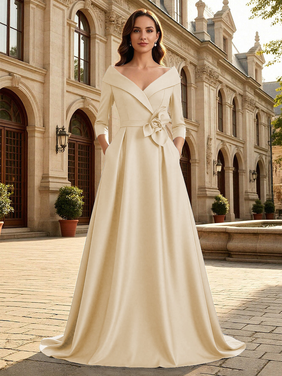 Satin A Line 3/4 Sleeve Floor Length Mother of the Bride Dresses with Flower (SHI22500168)