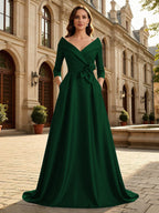Satin A Line 3/4 Sleeve Floor Length Mother of the Bride Dresses with Flower (SHI22500168)
