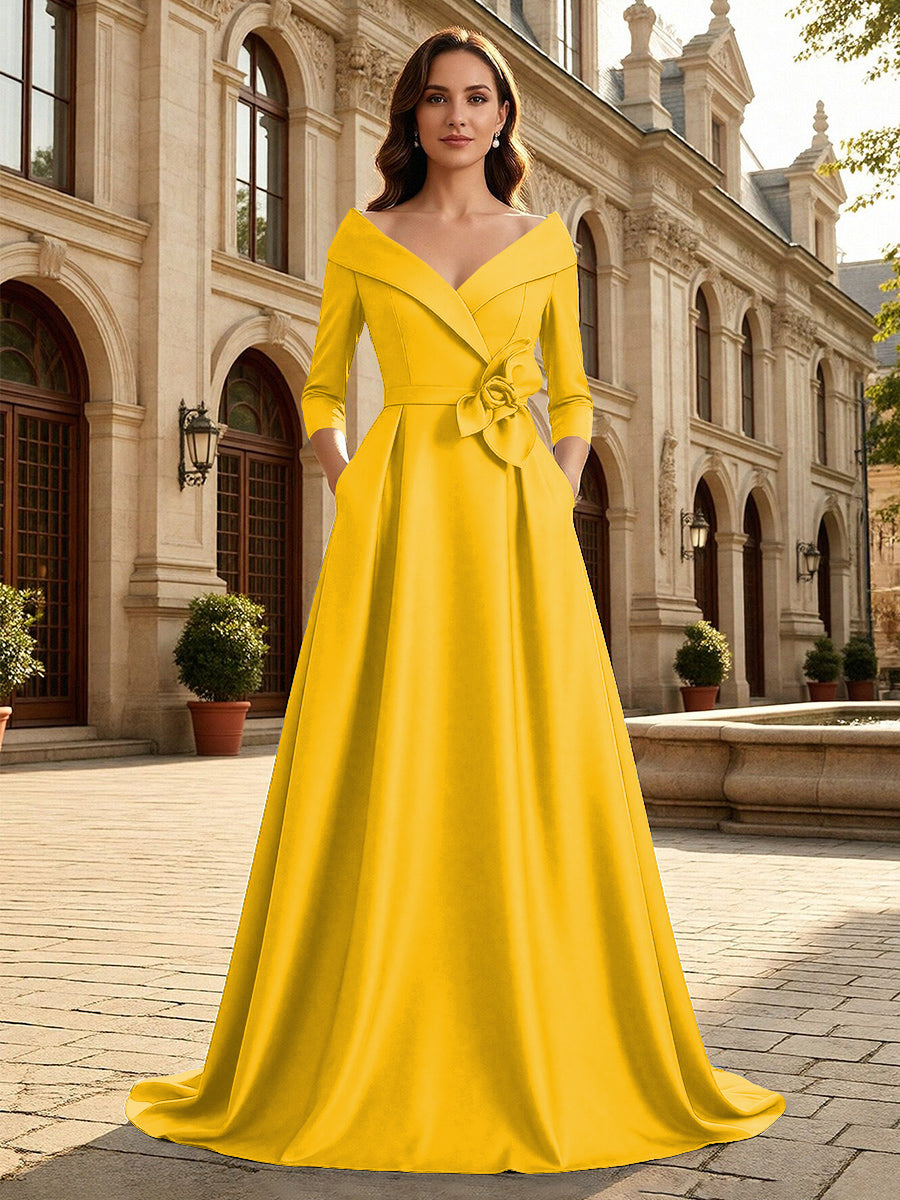 Satin A Line 3/4 Sleeve Floor Length Mother of the Bride Dresses with Flower (SHI22500168)