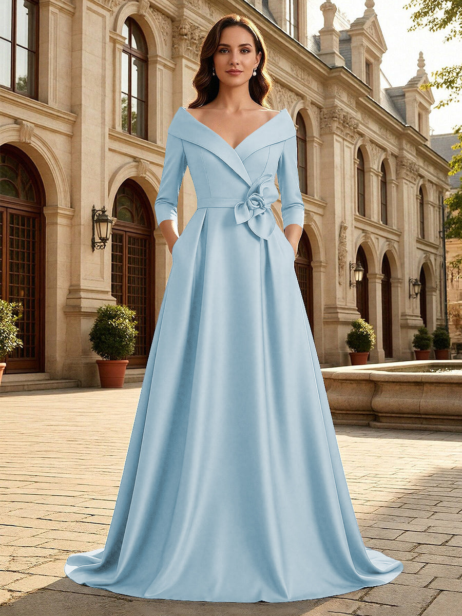Satin A Line 3/4 Sleeve Floor Length Mother of the Bride Dresses with Flower (SHI22500168)