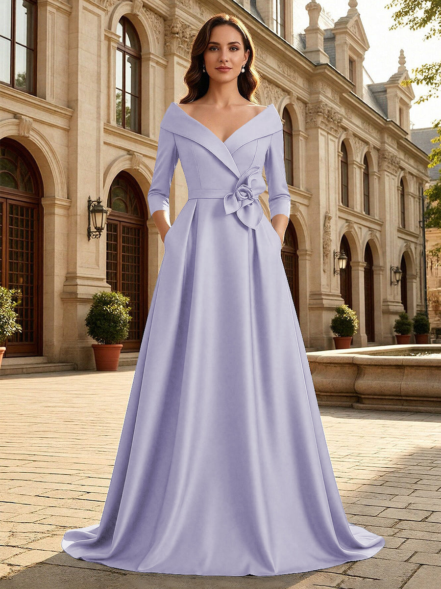 Satin A Line 3/4 Sleeve Floor Length Mother of the Bride Dresses with Flower (SHI22500168)