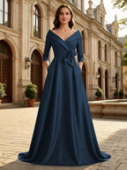 Satin A Line 3/4 Sleeve Floor Length Mother of the Bride Dresses with Flower (SHI22500168)