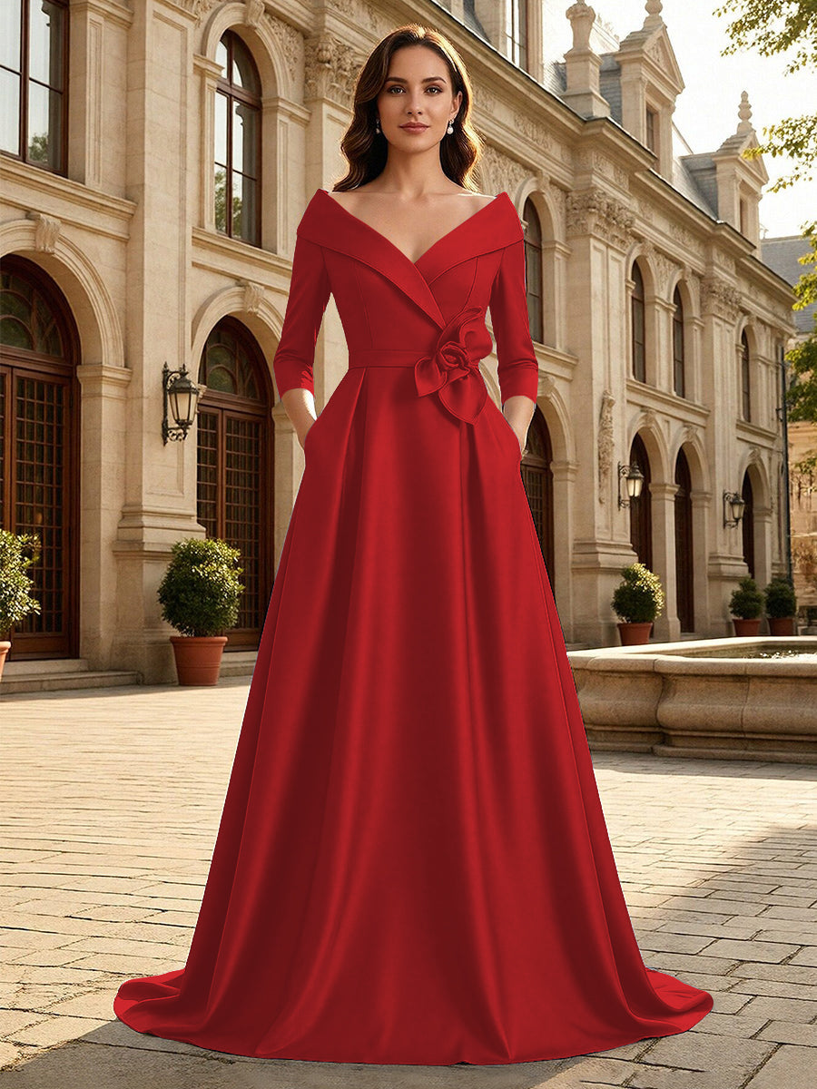 Satin A Line 3/4 Sleeve Floor Length Mother of the Bride Dresses with Flower (SHI22500168)