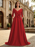 Satin A Line 3/4 Sleeve Floor Length Mother of the Bride Dresses with Flower (SHI22500168)