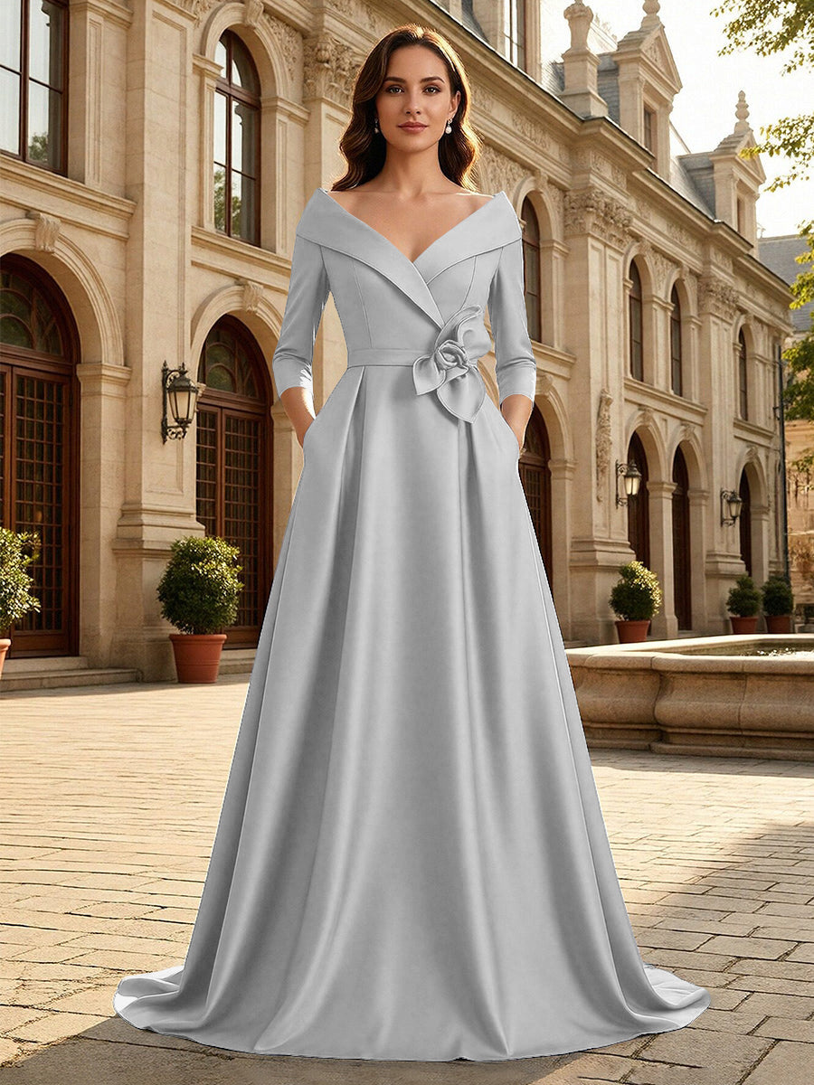 Satin A Line 3/4 Sleeve Floor Length Mother of the Bride Dresses with Flower (SHI22500168)