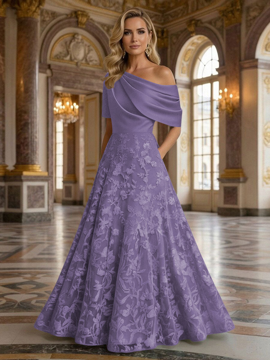 A-Line Floor Length One Shoulder Long Mother of the Bride Dresses with Lace (SHI22500179)