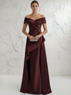 A Line Off Shoulder Floor Length Ruched Mother of the Bride Dresses (SHI22500193)