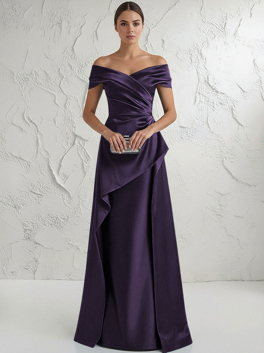 A Line Off Shoulder Floor Length Ruched Mother of the Bride Dresses (SHI22500193)