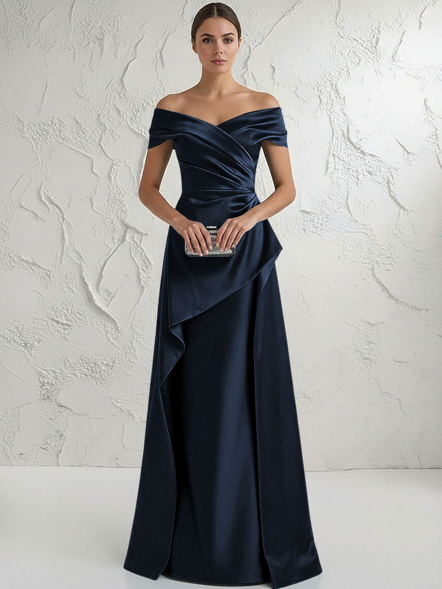 A Line Off Shoulder Floor Length Ruched Mother of the Bride Dresses (SHI22500193)