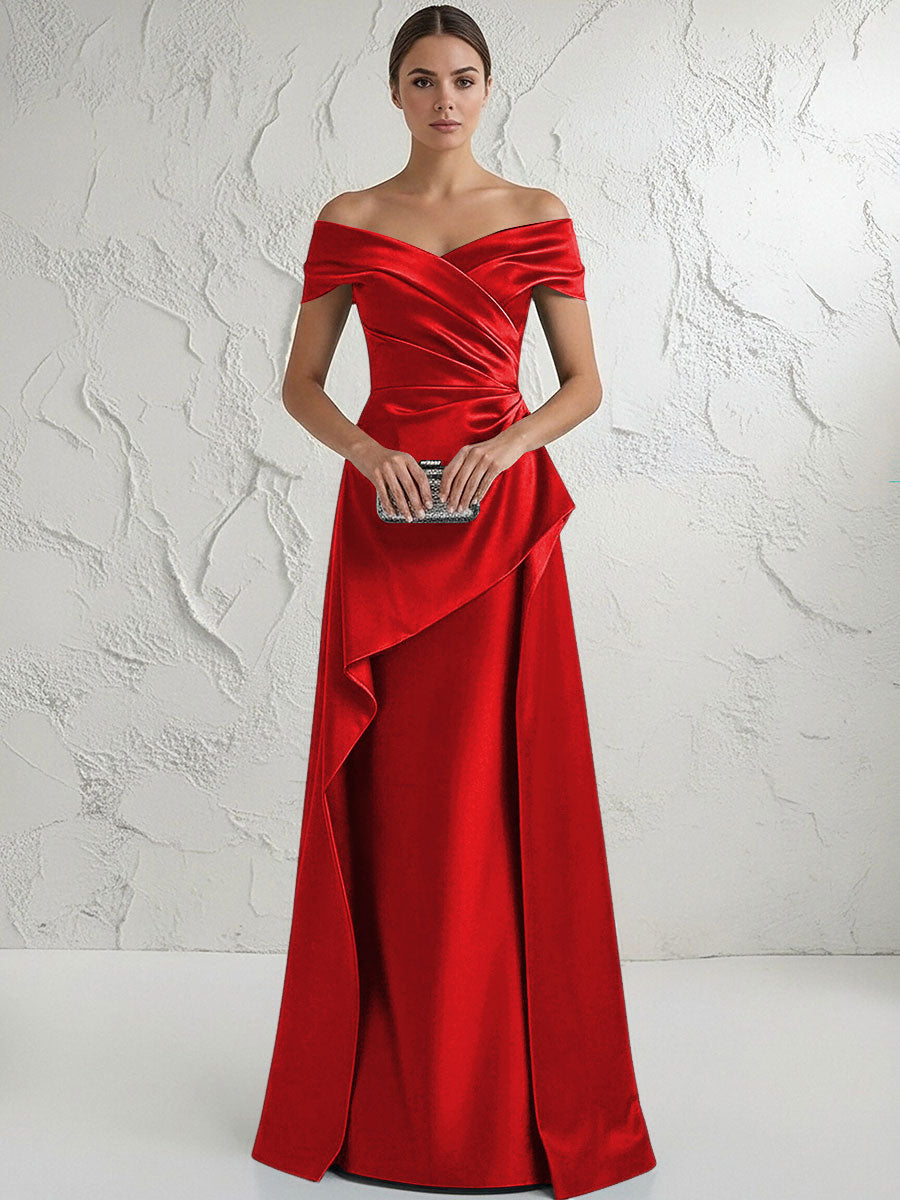 A Line Off Shoulder Floor Length Ruched Mother of the Bride Dresses (SHI22500193)