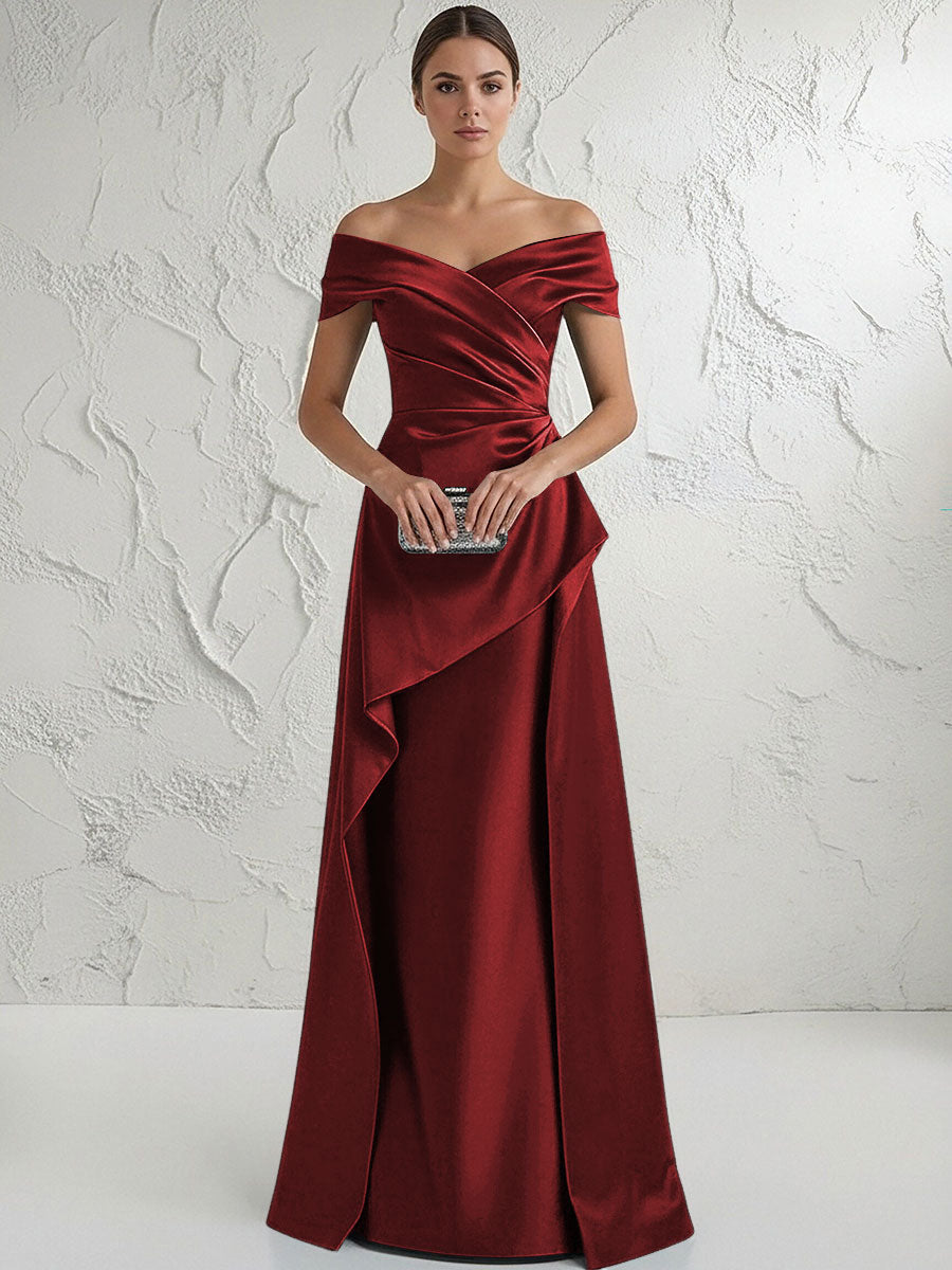 A Line Off Shoulder Floor Length Ruched Mother of the Bride Dresses (SHI22500193)