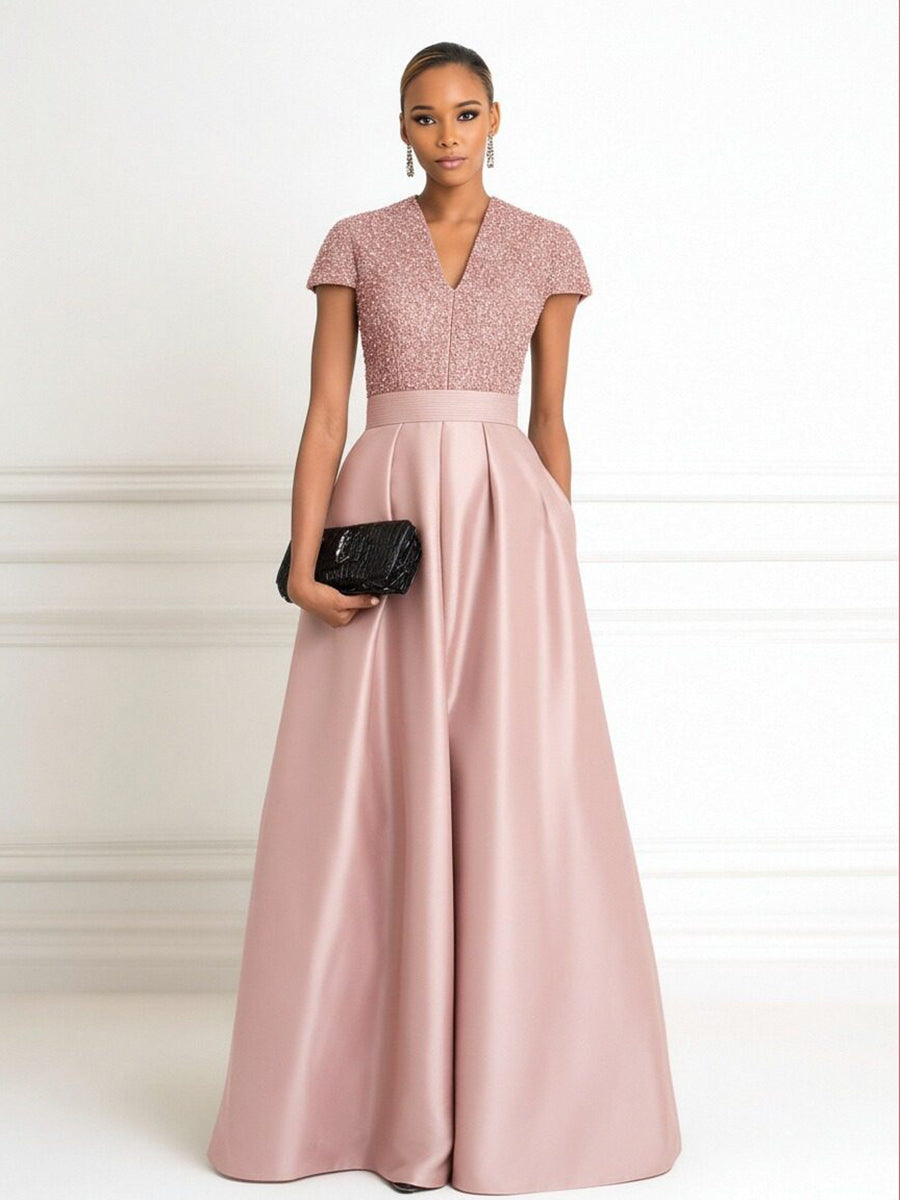 A-Line/Princess V-Neck Floor-Length Mother of the Bride & Groom Dresses with Ruffles & Ruched Waist (SHI22501284)