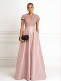 A Line V Neck Short Sleeve Sequined Elegant Mother of the Bride Dresses with Pleats (SHI22500199)