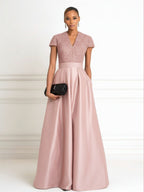 A Line V Neck Short Sleeve Sequined Elegant Mother of the Bride Dresses with Pleats (SHI22500199)