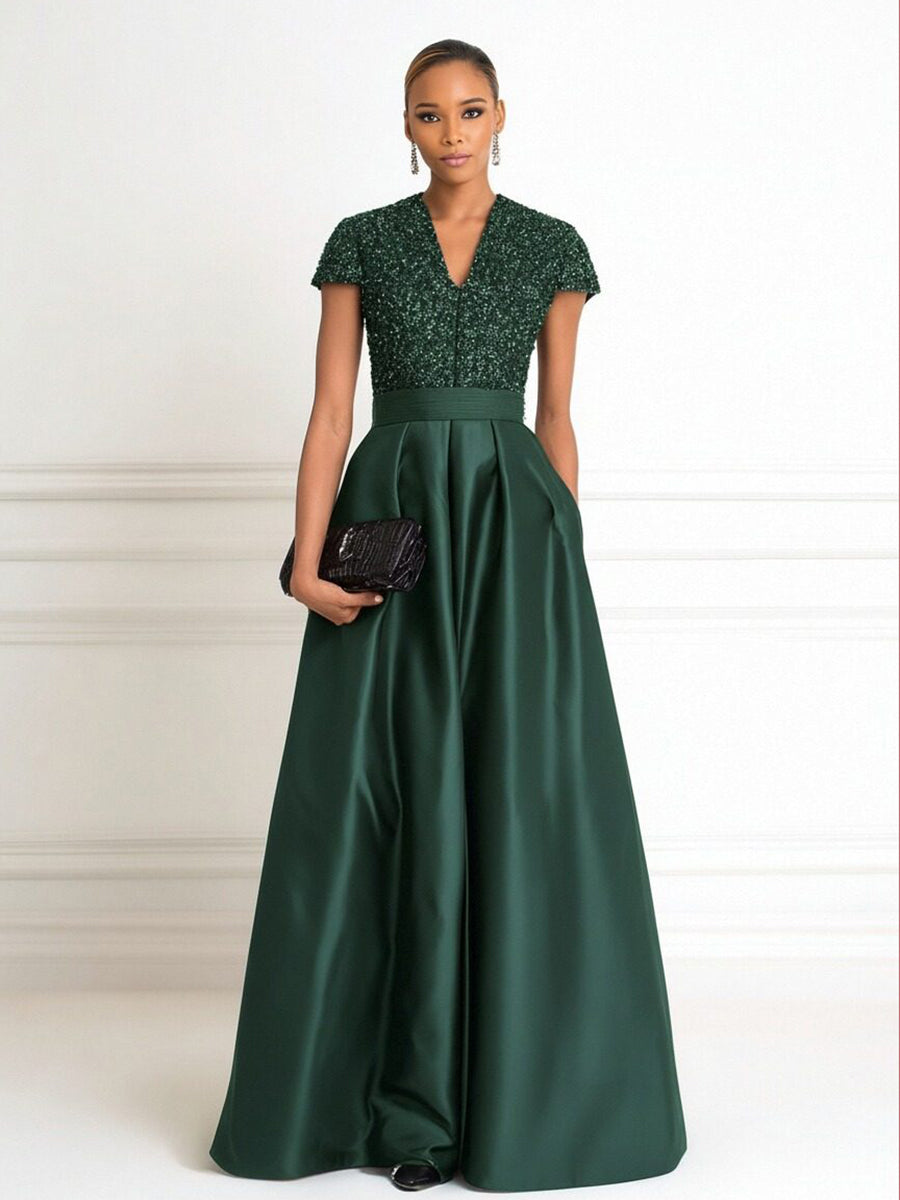 A Line V Neck Short Sleeve Sequined Elegant Mother of the Bride Dresses with Pleats (SHI22500199)