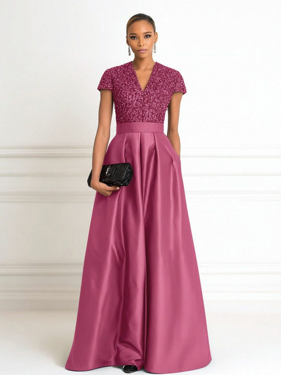 A Line V Neck Short Sleeve Sequined Elegant Mother of the Bride Dresses with Pleats (SHI22500199)