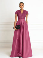 A Line V Neck Short Sleeve Sequined Elegant Mother of the Bride Dresses with Pleats (SHI22500199)