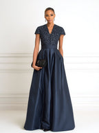 A Line V Neck Short Sleeve Sequined Elegant Mother of the Bride Dresses with Pleats (SHI22500199)