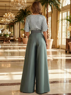 Jumpsuit V Neck Half Sleeve Long Sparkling Mother of the Bride Dresses with Belt (SHI22500201)