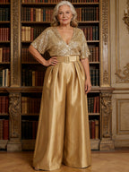 Jumpsuit V Neck Half Sleeve Long Sparkling Mother of the Bride Dresses with Belt (SHI22500201)