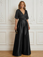 Jumpsuit V Neck Half Sleeve Long Sparkling Mother of the Bride Dresses with Belt (SHI22500201)