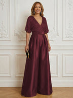 Jumpsuit V Neck Half Sleeve Long Sparkling Mother of the Bride Dresses with Belt (SHI22500201)