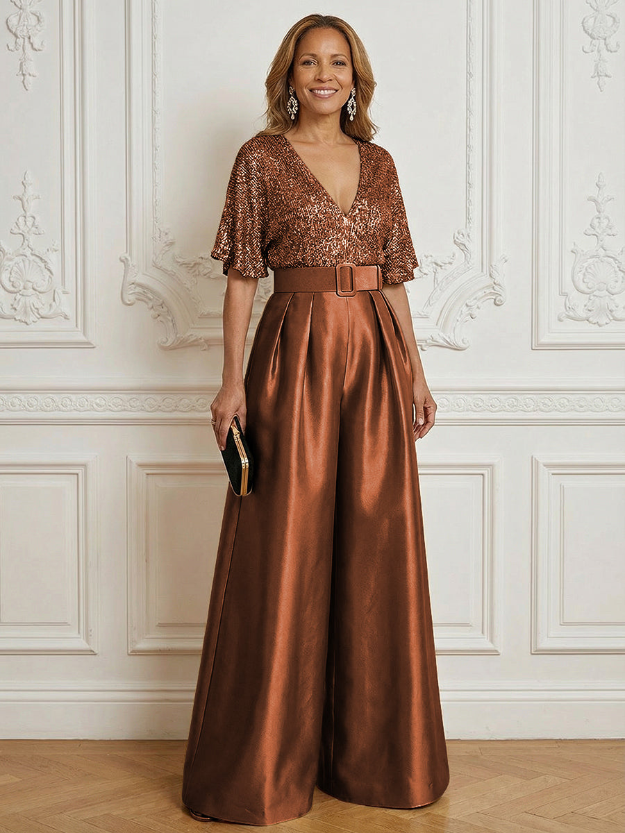 Jumpsuit V Neck Half Sleeve Long Sparkling Mother of the Bride Dresses with Belt (SHI22500201)