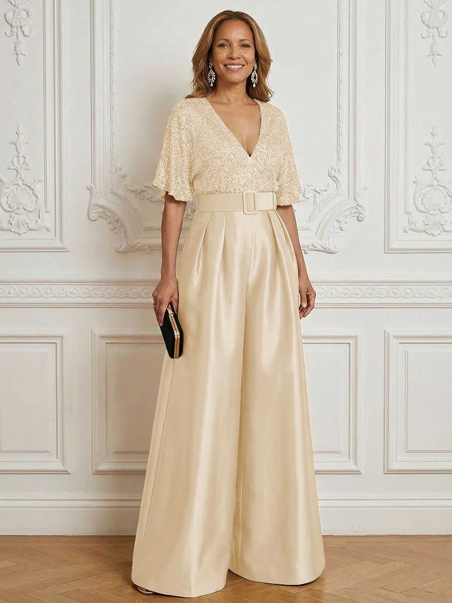 Jumpsuit V Neck Half Sleeve Long Sparkling Mother of the Bride Dresses with Belt (SHI22500201)