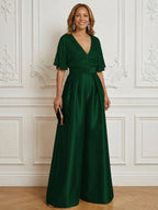 Jumpsuit V Neck Half Sleeve Long Sparkling Mother of the Bride Dresses with Belt (SHI22500201)