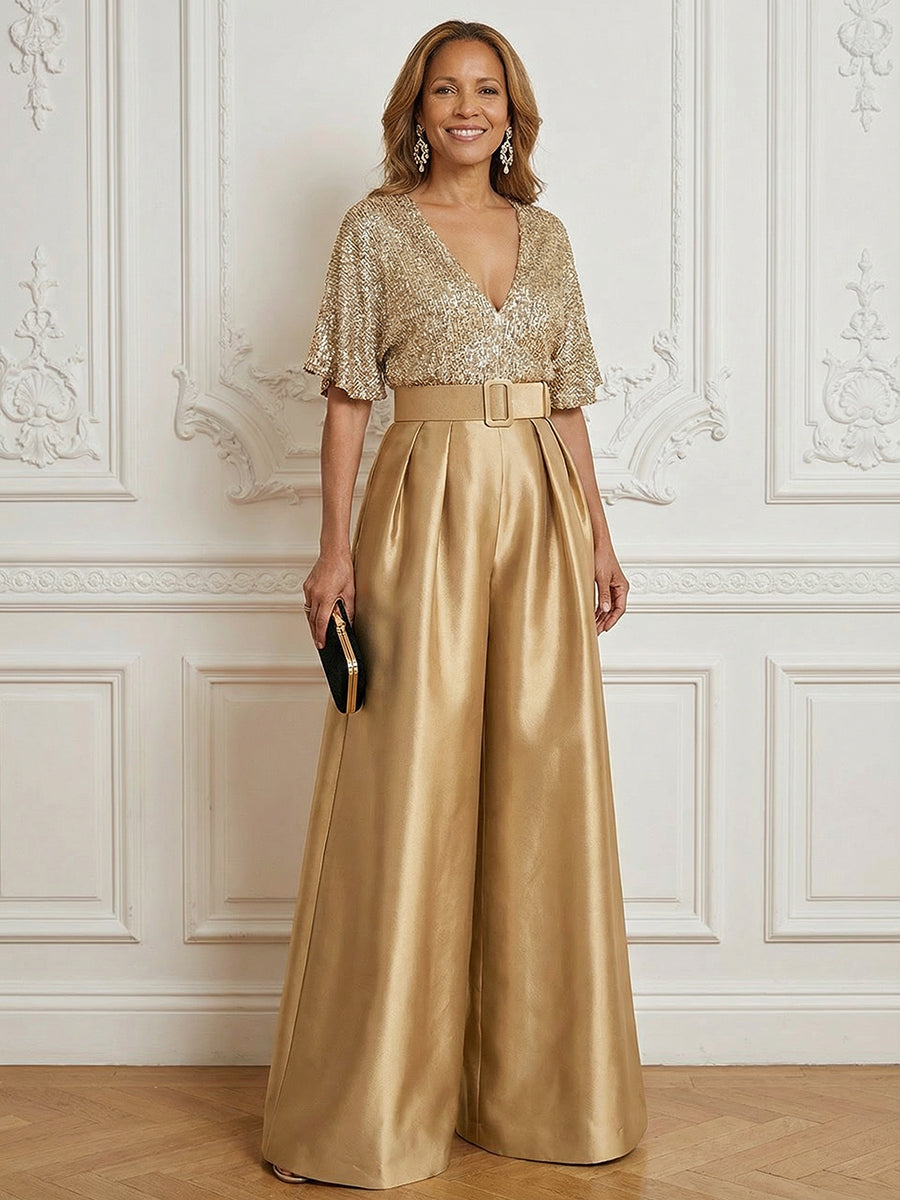 Jumpsuit V Neck Half Sleeve Long Sparkling Mother of the Bride Dresses with Belt (SHI22500201)