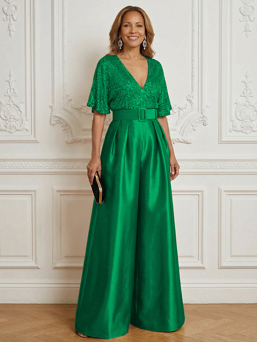 Jumpsuit V Neck Half Sleeve Long Sparkling Mother of the Bride Dresses with Belt (SHI22500201)