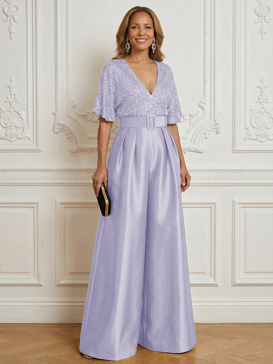 Jumpsuit V Neck Half Sleeve Long Sparkling Mother of the Bride Dresses with Belt (SHI22500201)