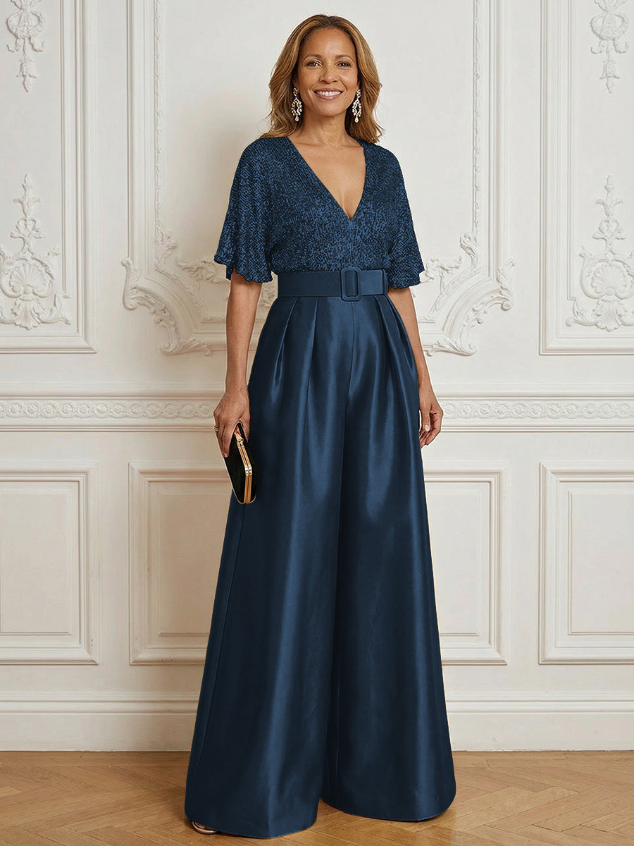 Jumpsuit V Neck Half Sleeve Long Sparkling Mother of the Bride Dresses with Belt (SHI22500201)