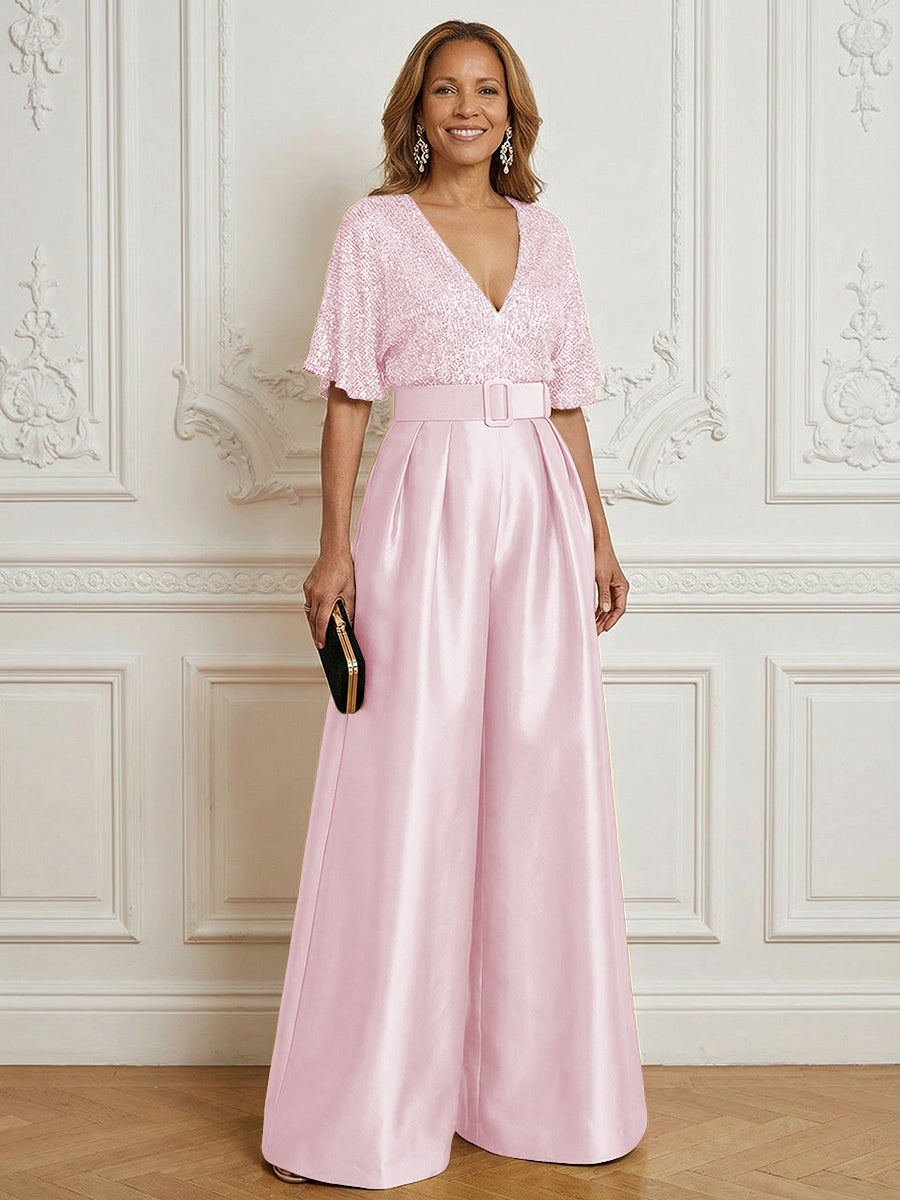 Jumpsuit V Neck Half Sleeve Long Sparkling Mother of the Bride Dresses with Belt (SHI22500201)