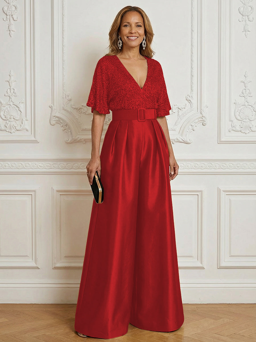 Jumpsuit V Neck Half Sleeve Long Sparkling Mother of the Bride Dresses with Belt (SHI22500201)