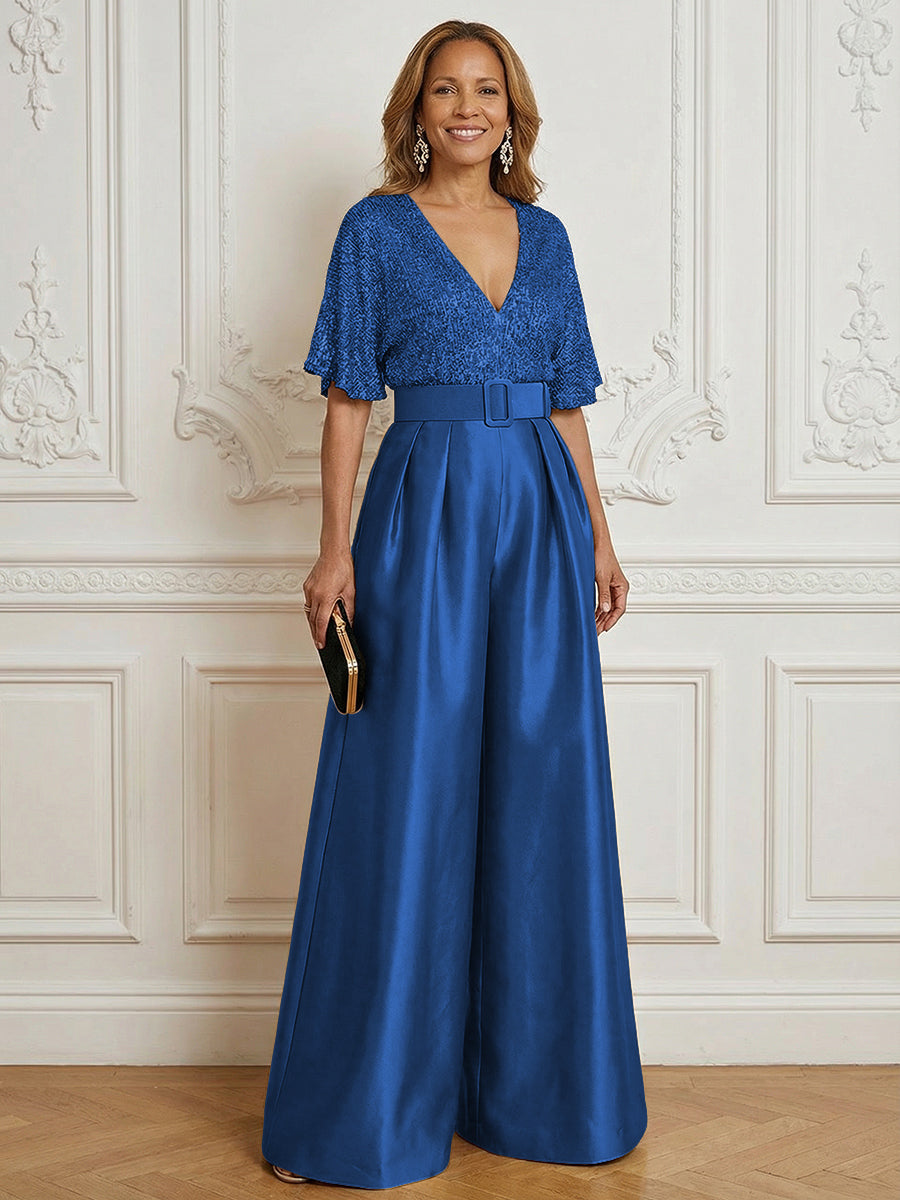 Jumpsuit V Neck Half Sleeve Long Sparkling Mother of the Bride Dresses with Belt (SHI22500201)
