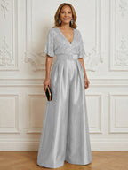 Jumpsuit V Neck Half Sleeve Long Sparkling Mother of the Bride Dresses with Belt (SHI22500201)