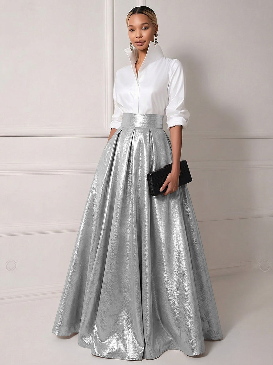 A Line Shirt Collar Half Sleeve Long Elegant Mother of the Bride Dresses with Pleats (SHI22500203)