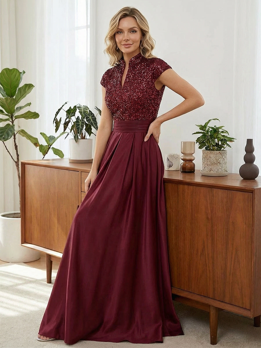 A Line/Princess Stand Collar Short Sleeve Long Elegant Mother of the Bride Dresses (SHI22500207)
