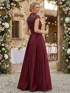 A Line/Princess Stand Collar Short Sleeve Long Elegant Mother of the Bride Dresses (SHI22500207)