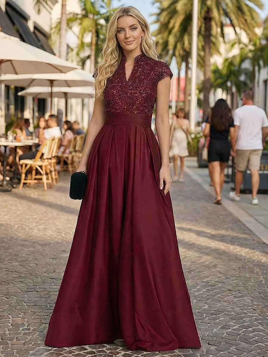 A Line/Princess Stand Collar Short Sleeve Long Elegant Mother of the Bride Dresses (SHI22500207)