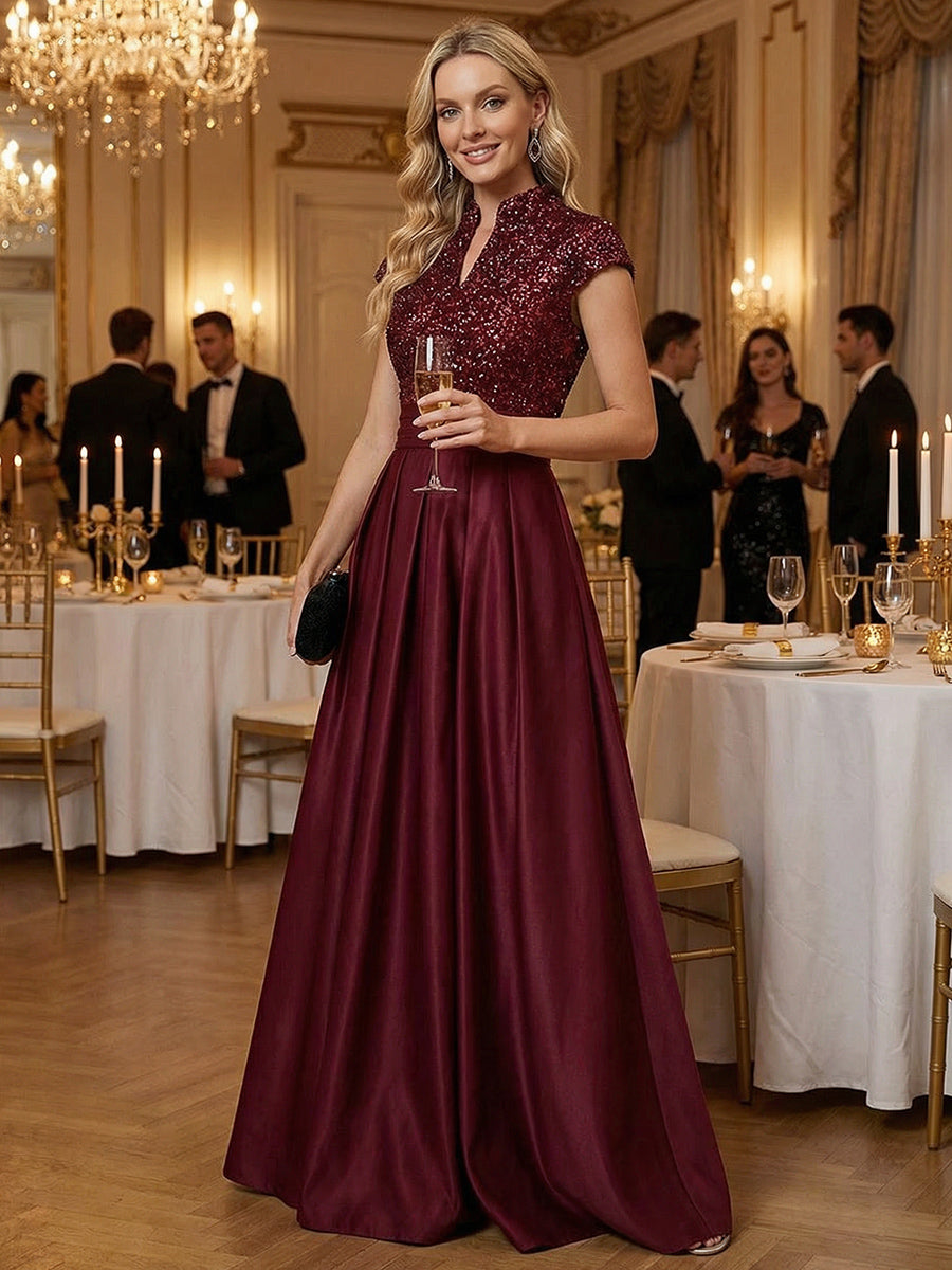 A Line/Princess Stand Collar Short Sleeve Long Elegant Mother of the Bride Dresses (SHI22500207)