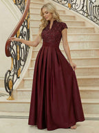A Line/Princess Stand Collar Short Sleeve Long Elegant Mother of the Bride Dresses (SHI22500207)