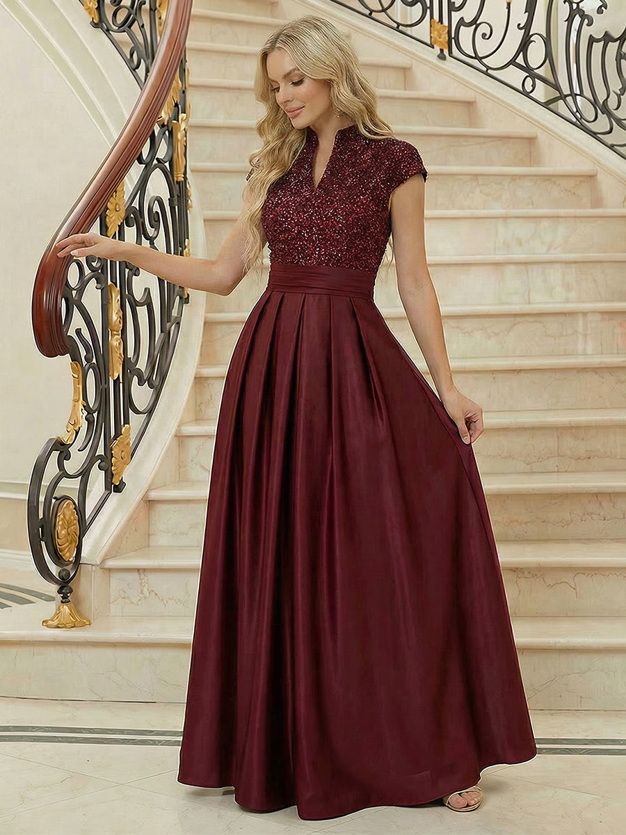 A Line/Princess Stand Collar Short Sleeve Long Elegant Mother of the Bride Dresses (SHI22500207)